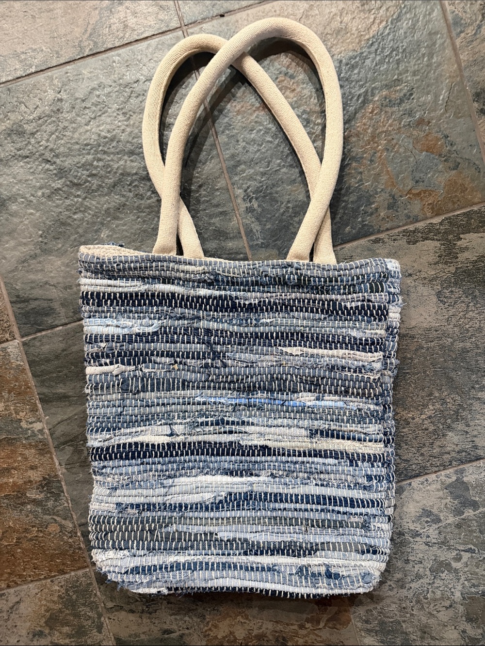 Casual Blue Striped Woven Tote with Cream Handles